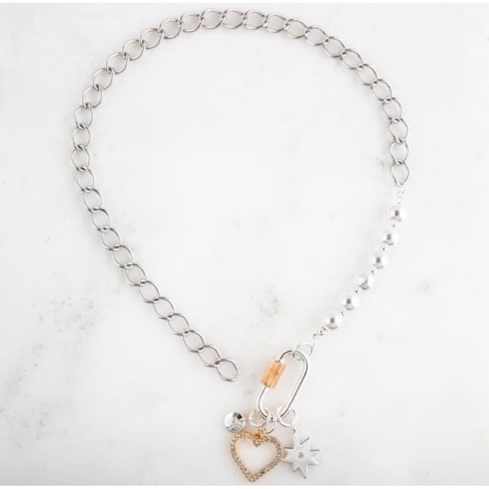 Plunder Design Allison Necklace Silver Pearl‎ Chain Carabiner Heart Star Charms